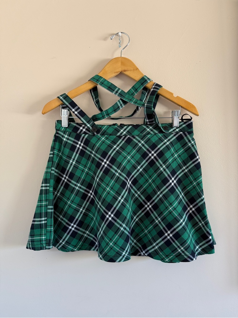 Royal Bones Green and Black Plaid Skater Skirt with Suspenders